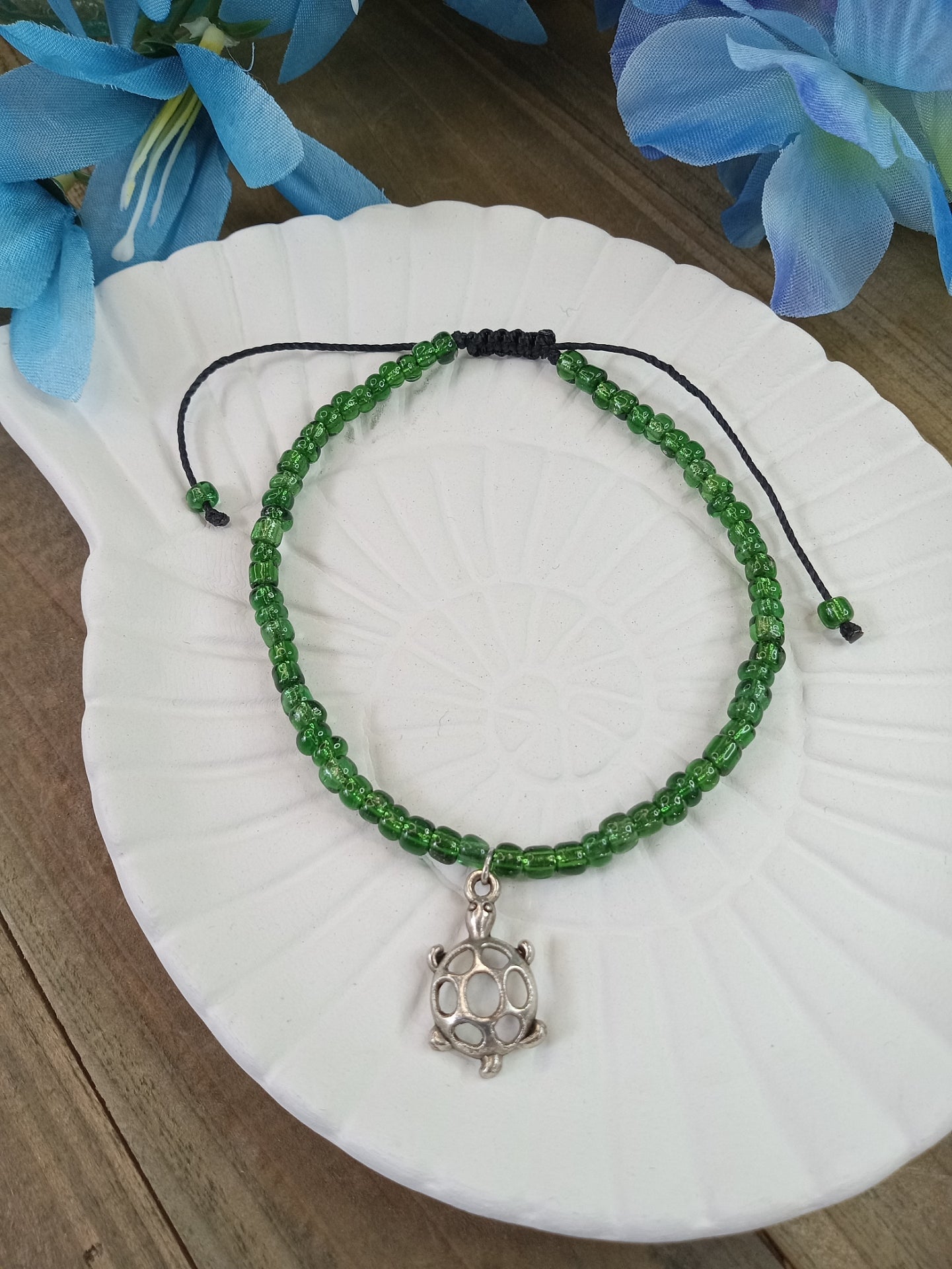 Anklet - Adjustable Seed Bead - Green - Turtle