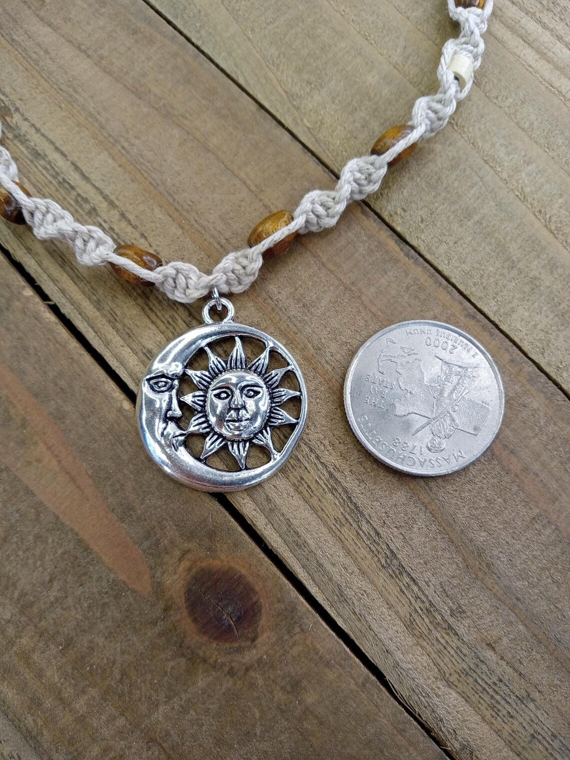 Spiral Hemp Necklace - Celestial Sun and Moon Charm with Wood Beads