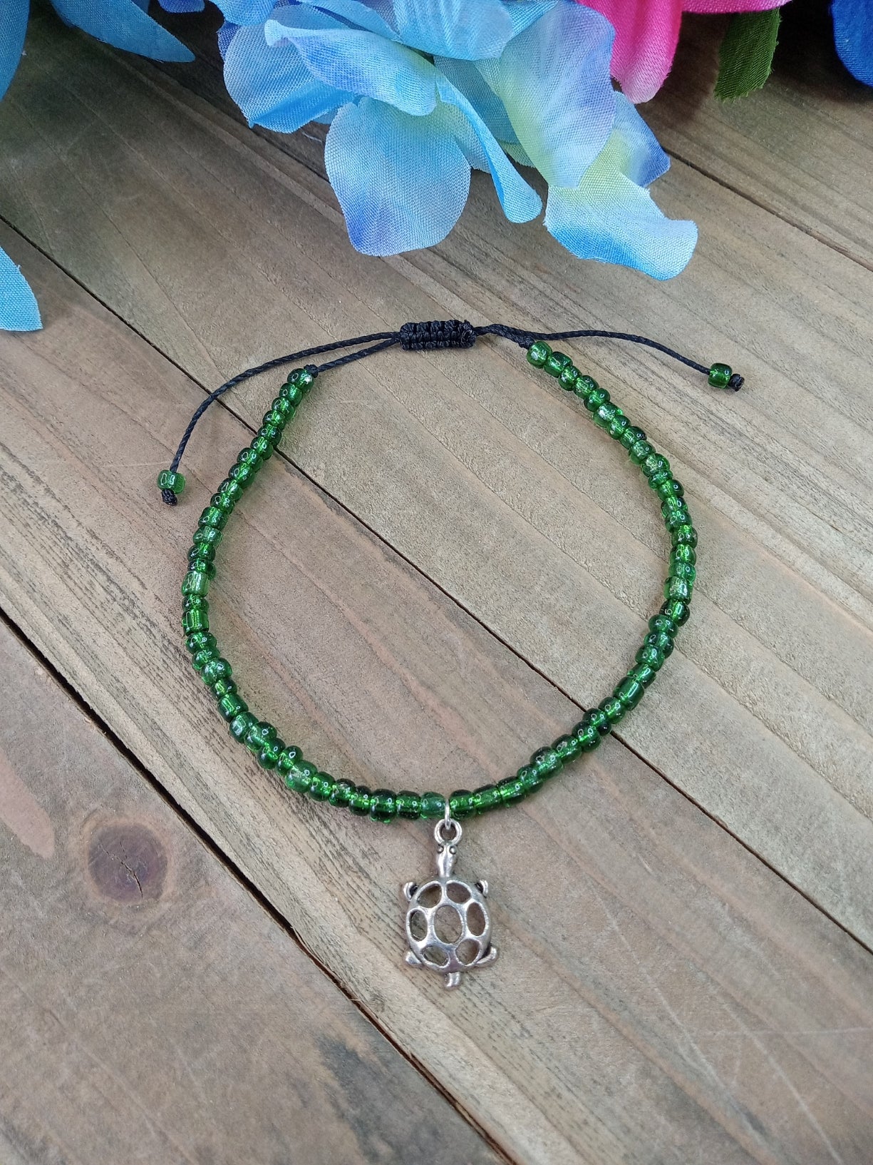 Anklet - Adjustable Seed Bead - Green - Turtle