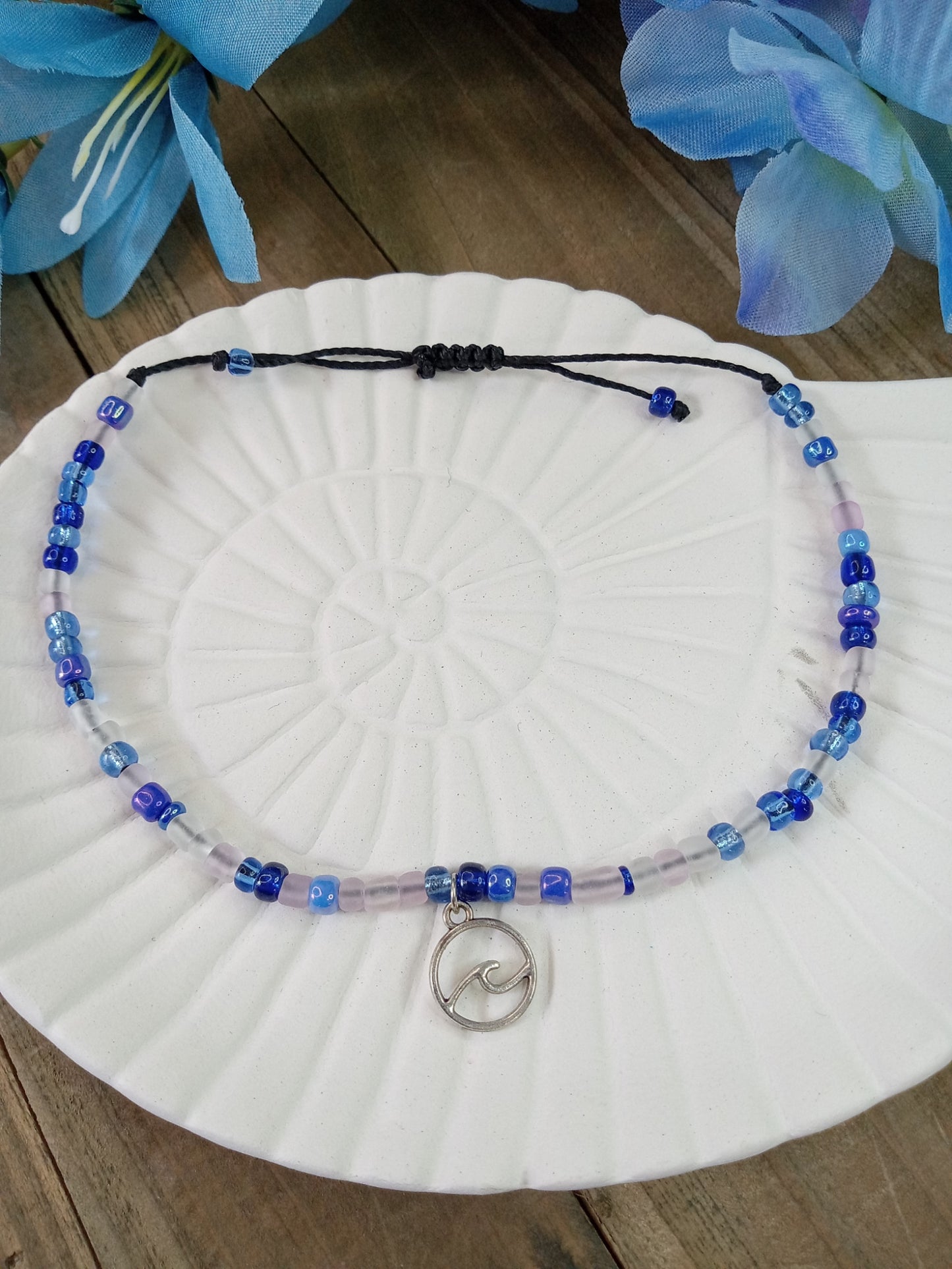 Anklet - Adjustable Seed Bead - Blue Waves