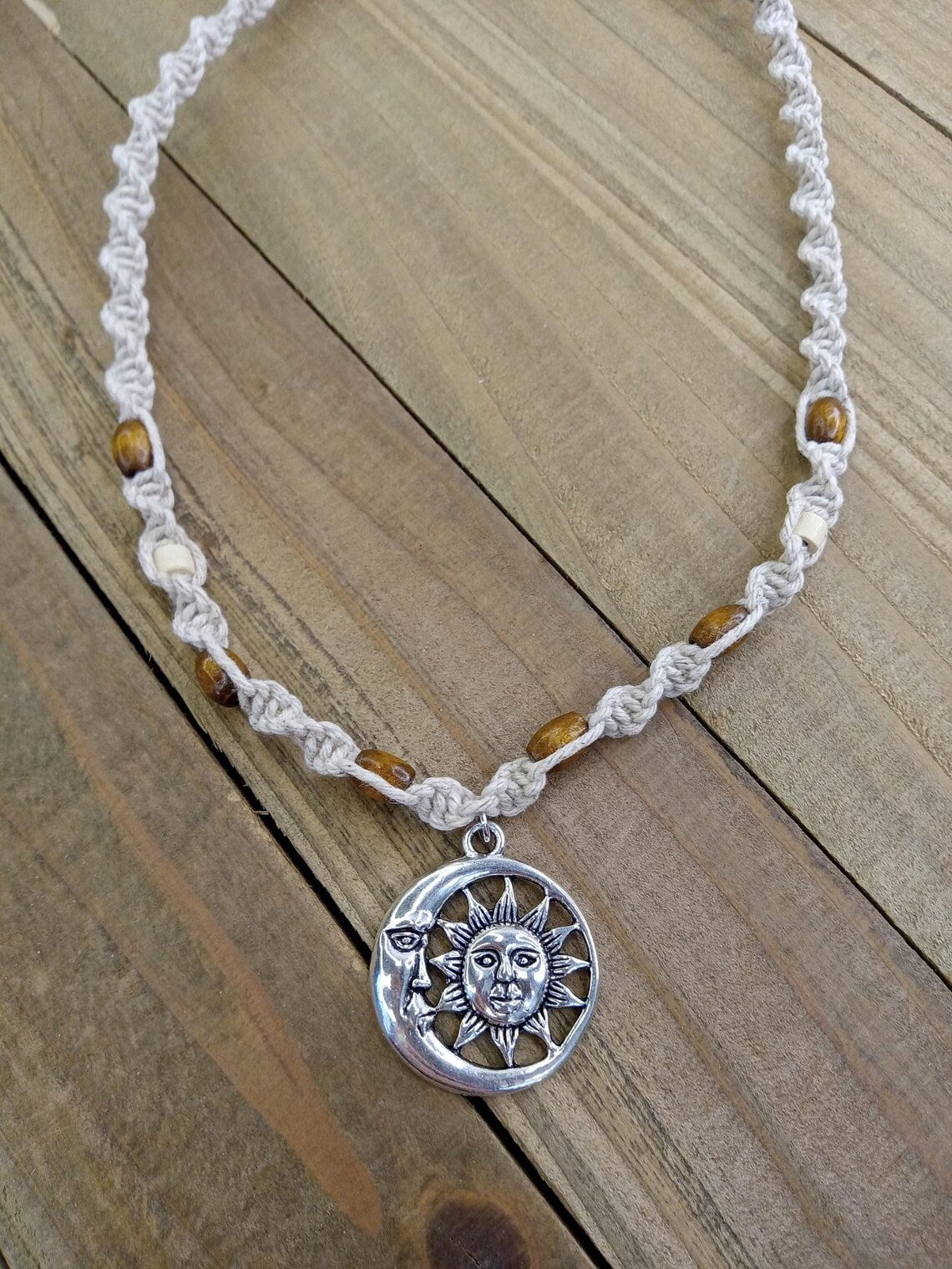 Spiral Hemp Necklace - Celestial Sun and Moon Charm with Wood Beads