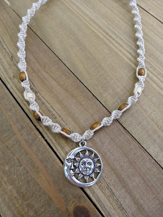 Spiral Hemp Necklace - Celestial Sun and Moon Charm with Wood Beads