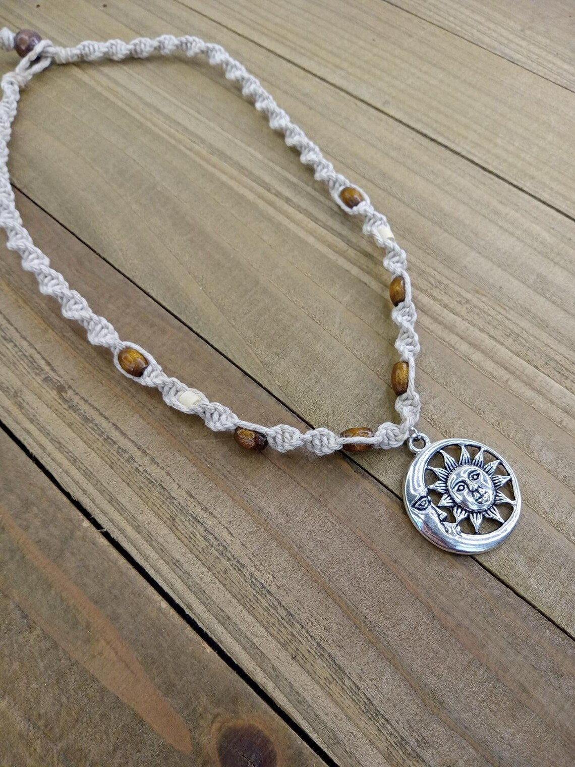 Spiral Hemp Necklace - Celestial Sun and Moon Charm with Wood Beads