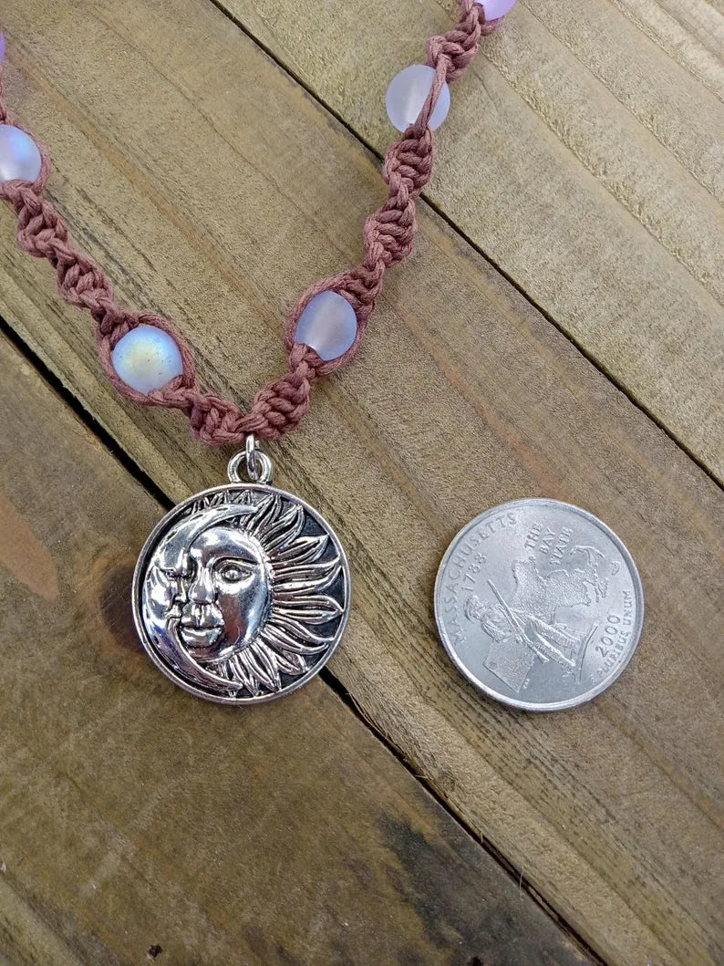 Spiral Hemp Necklace - Sun and Moon Charm Necklace With Purple Beads