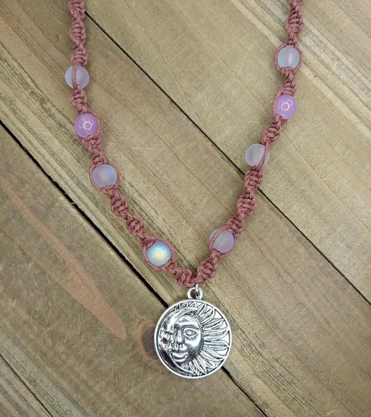 Spiral Hemp Necklace - Sun and Moon Charm Necklace With Purple Beads